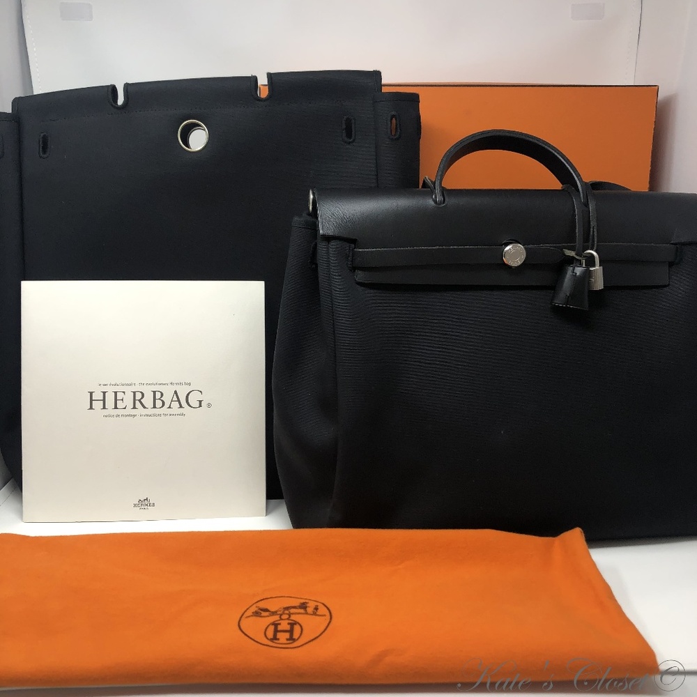 Hermès Herbag 2 In 1 Black Leather and Canvas Shou